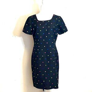 Talbots Short-Sleeved Dress with Multicolored, Embroidered Polka Dots, Size 10